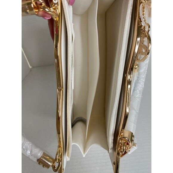 White Leather NWT Crossi Medium Faux Double Handle Handbag with Gold Accents - Picture 9 of 13